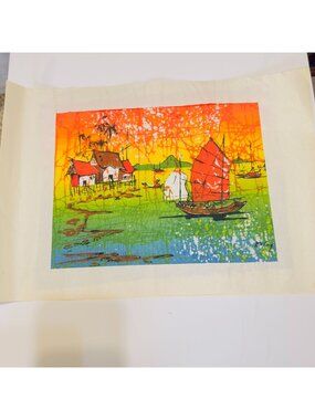 Handmade Malaysian Batik Painting Fabric Signed Vibrant Village Sailboats Scene